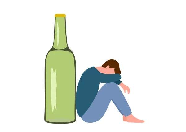 Main causes of alcoholism. An illustration of a sad man sitting next to beer bottle with a white background.